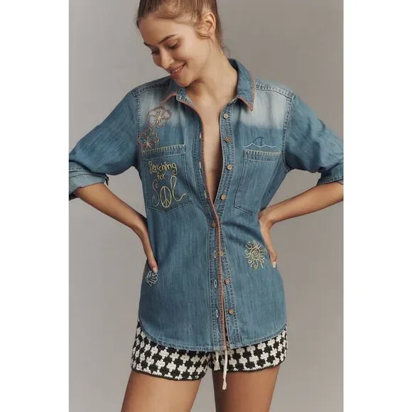 Anthropologie Pilcro Long-Sleeve Embroidered Icon Denim Buttondown Shirt - Picture 1 of 9